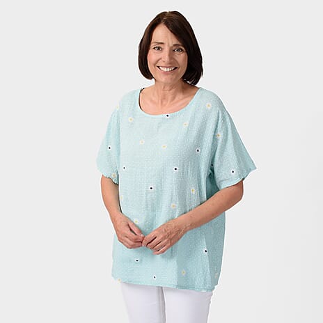 Sugar Crisp 100% Cotton Daisey Printed Top (One Size ) - Turquoise
