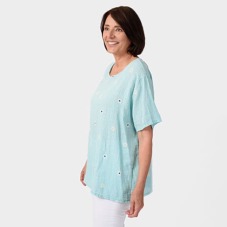 Sugar Crisp 100% Cotton Daisey Printed Top (One Size ) - Turquoise