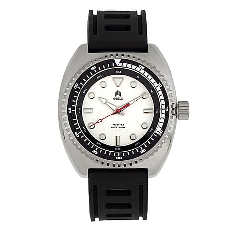 SHIELD Dreyer Quartz Movt. White Dial Silver Crown 20 ATM WR Mens Watch with Black Rubber Strap