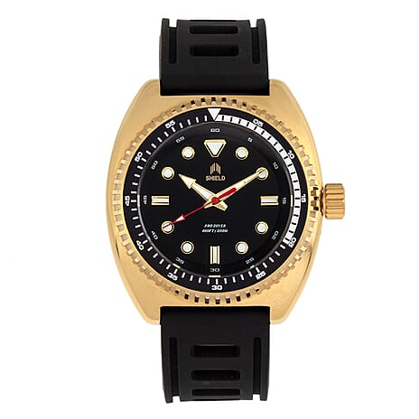 SHIELD Dreyer Quartz Movt. Black Dial Golden Crown 20 ATM WR Mens Watch with Black Rubber Strap