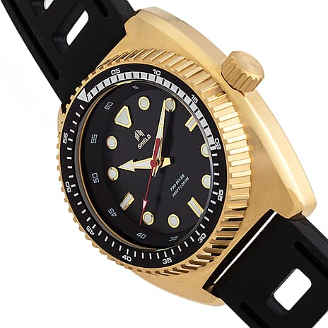 SHIELD Dreyer Quartz Movt. Black Dial Golden Crown 20 ATM WR Mens Watch with Black Rubber Strap