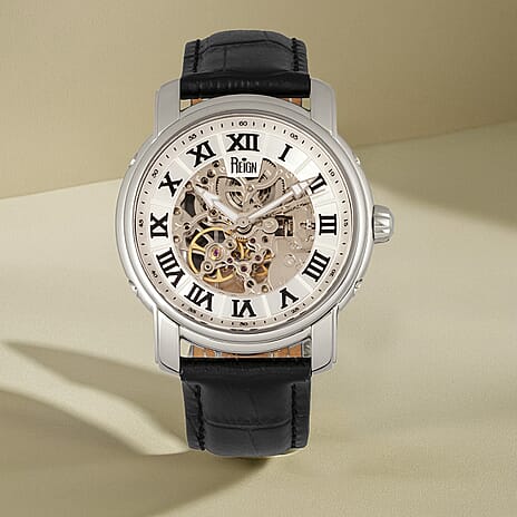 Reign Kahn Automatic Skeleton Silver Analog Dial 5 ATM WR Mens Watch with Black Genuine Leather Strap