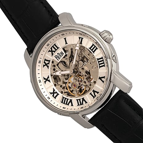 Reign Kahn Automatic Skeleton Silver Analog Dial 5 ATM WR Mens Watch with Black Genuine Leather Strap