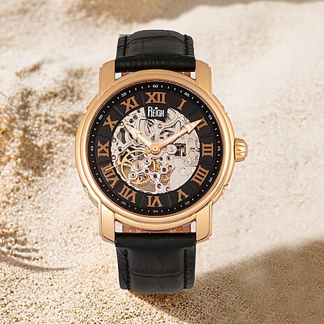 Reign Kahn Automatic Skeleton Black Analog Dial Rose Gold Case 5 ATM WR Mens Watch with Black Genuine Leather Strap
