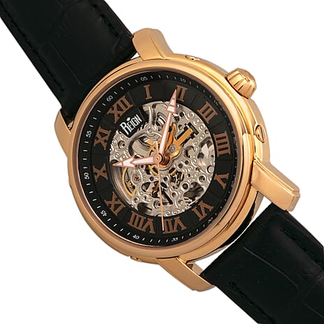 Reign Kahn Automatic Skeleton Black Analog Dial Rose Gold Case 5 ATM WR Mens Watch with Black Genuine Leather Strap