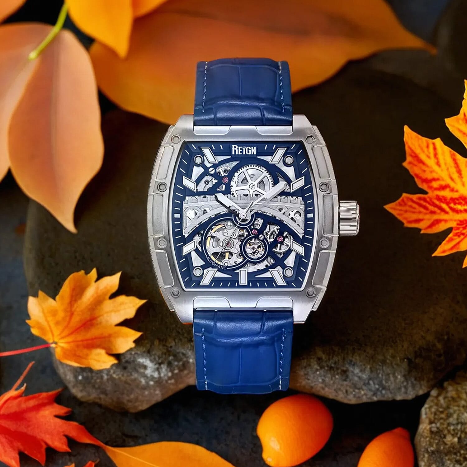 REIGN OLYMPIA Automatic Movt. 10 ATM Water Resistant Watch with Blue Genuine Leather Strap in Silver Tone