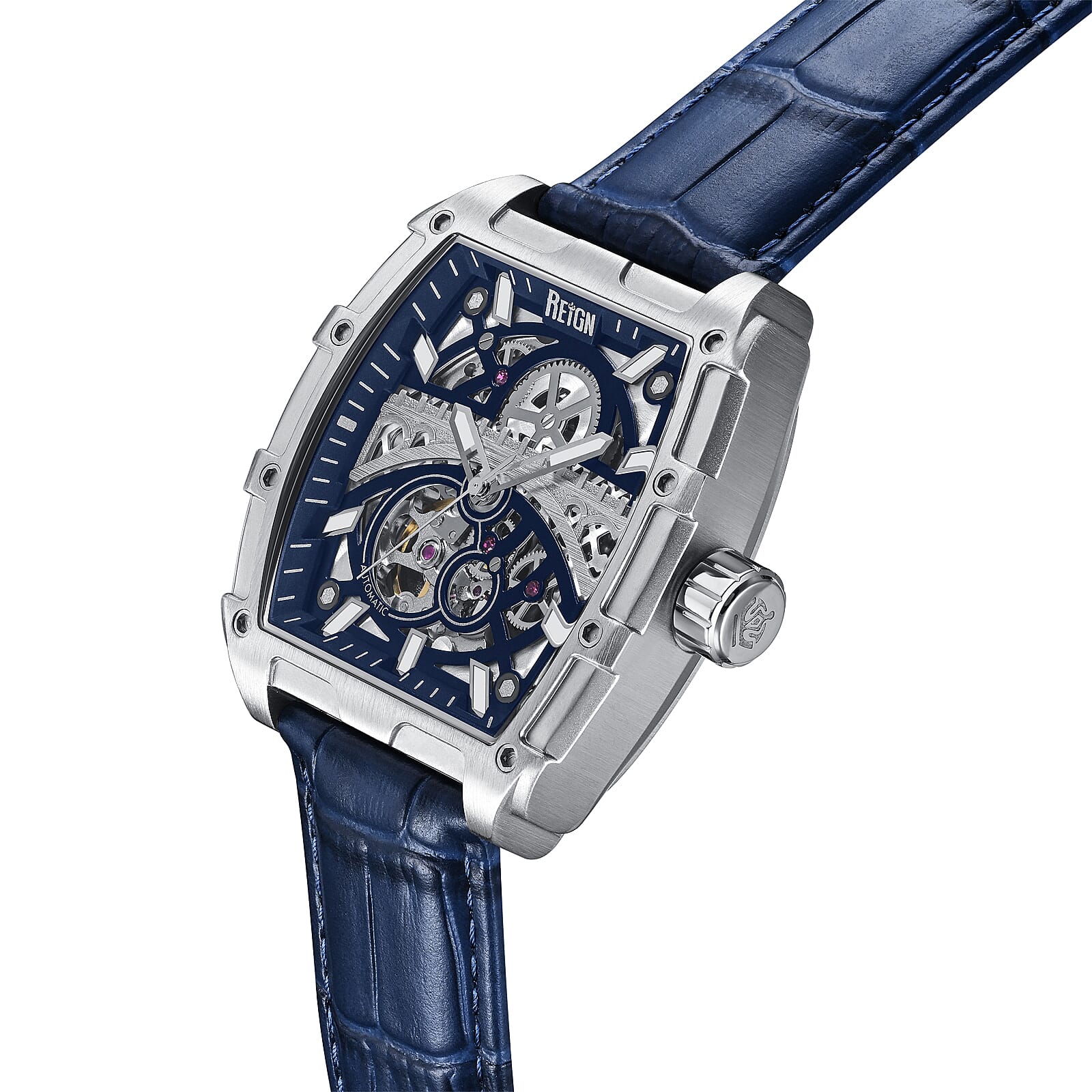 REIGN OLYMPIA Automatic Movt. 10 ATM Water Resistant Watch with Blue Genuine Leather Strap in Silver Tone