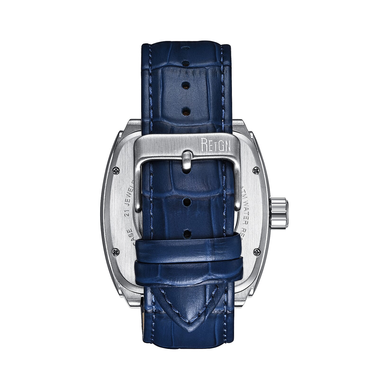 REIGN OLYMPIA Automatic Movt. 10 ATM Water Resistant Watch with Blue Genuine Leather Strap in Silver Tone