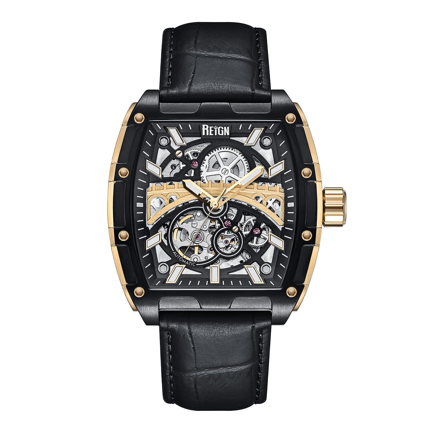 REIGN OLYMPIA Automatic Movt. 10 ATM Water Resistant Watch with Black Genuine Leather Strap in Gold Tone