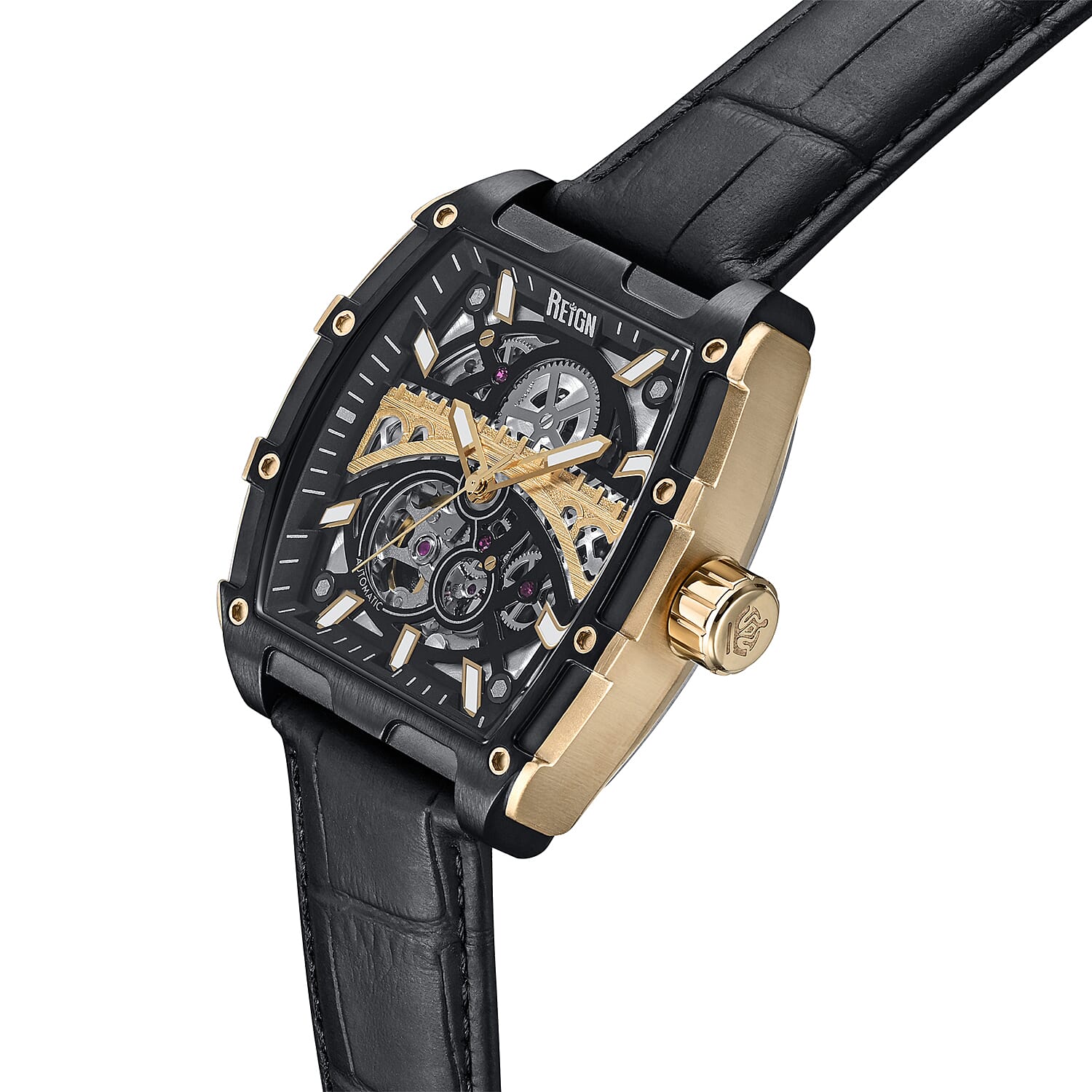 REIGN OLYMPIA Automatic Movt. 10 ATM Water Resistant Watch with Black Genuine Leather Strap in Gold Tone