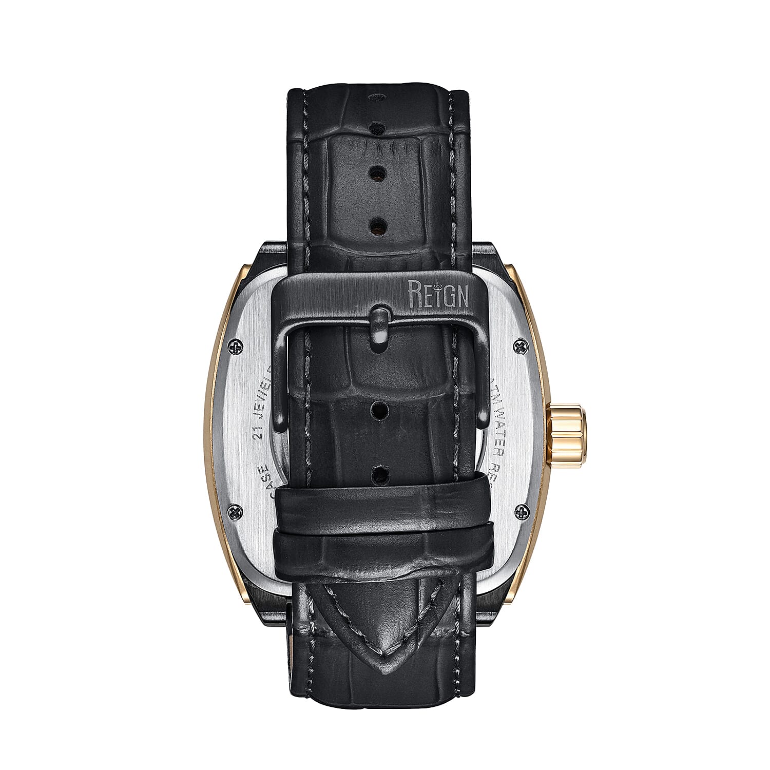 REIGN OLYMPIA Automatic Movt. 10 ATM Water Resistant Watch with Black Genuine Leather Strap in Gold Tone