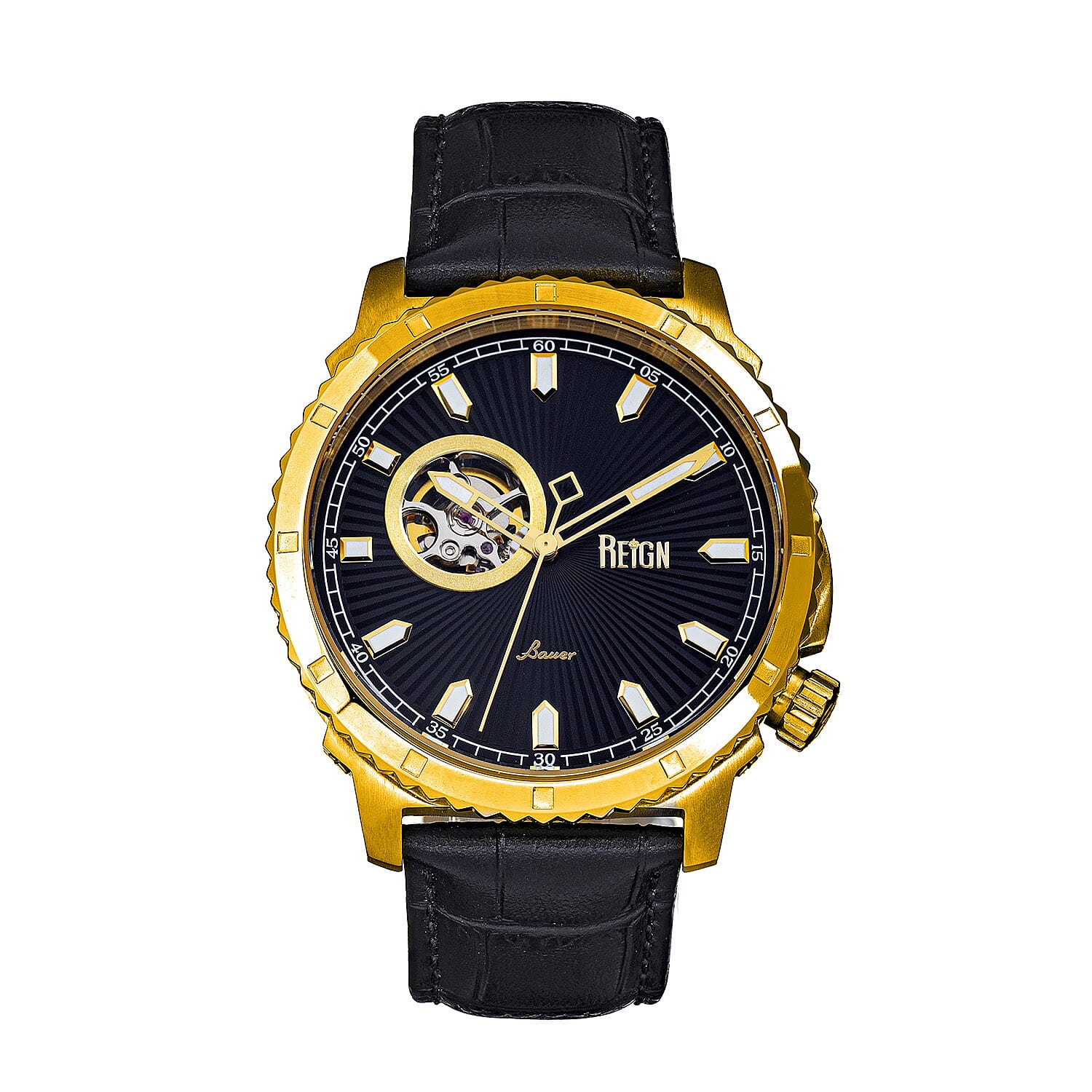 Reign Bauer Automatic Semi-Skeleton Black Analog Dial Gold Case 5 ATM WR Mens Watch with Black Genuine Leather Strap