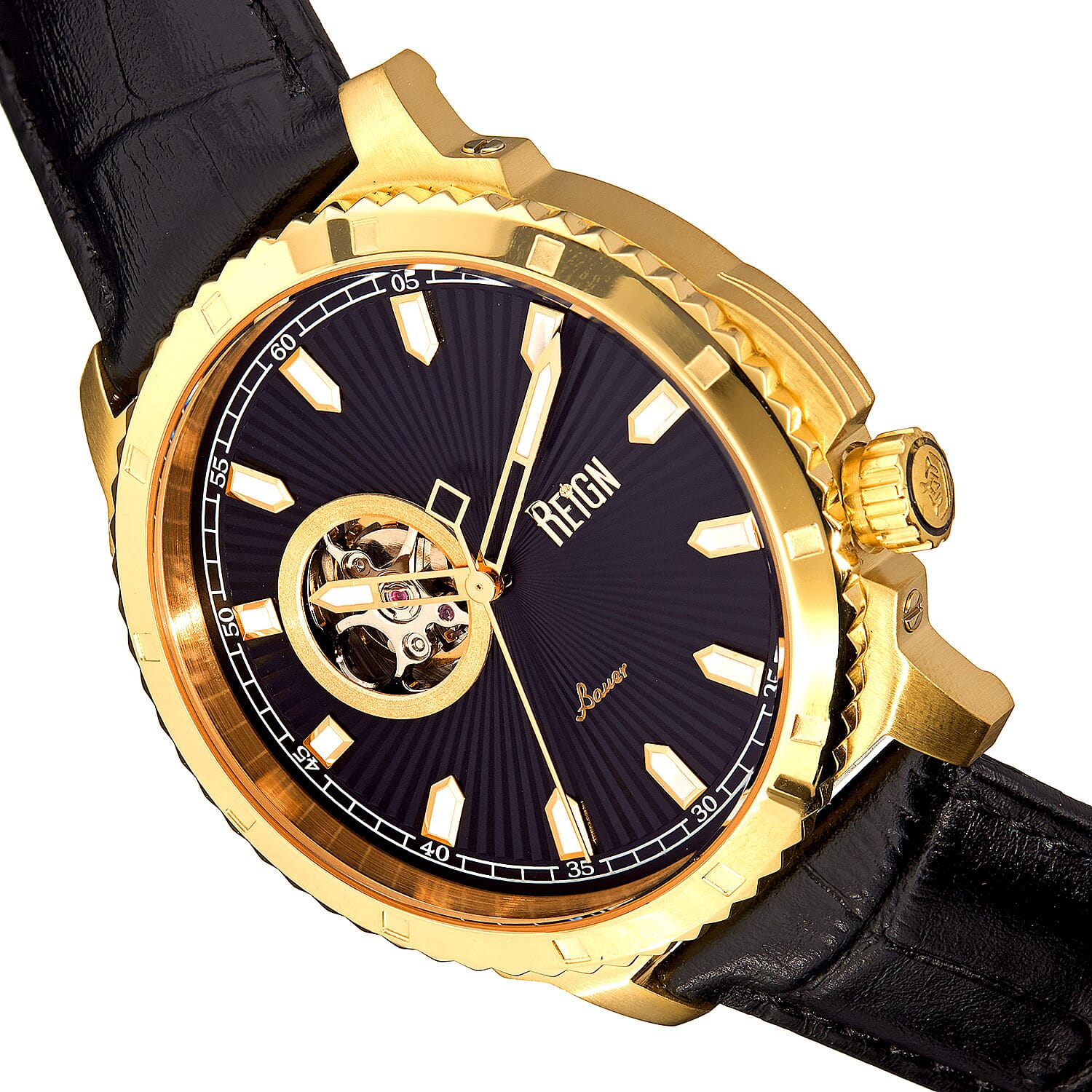 Reign Bauer Automatic Semi-Skeleton Black Analog Dial Gold Case 5 ATM WR Mens Watch with Black Genuine Leather Strap