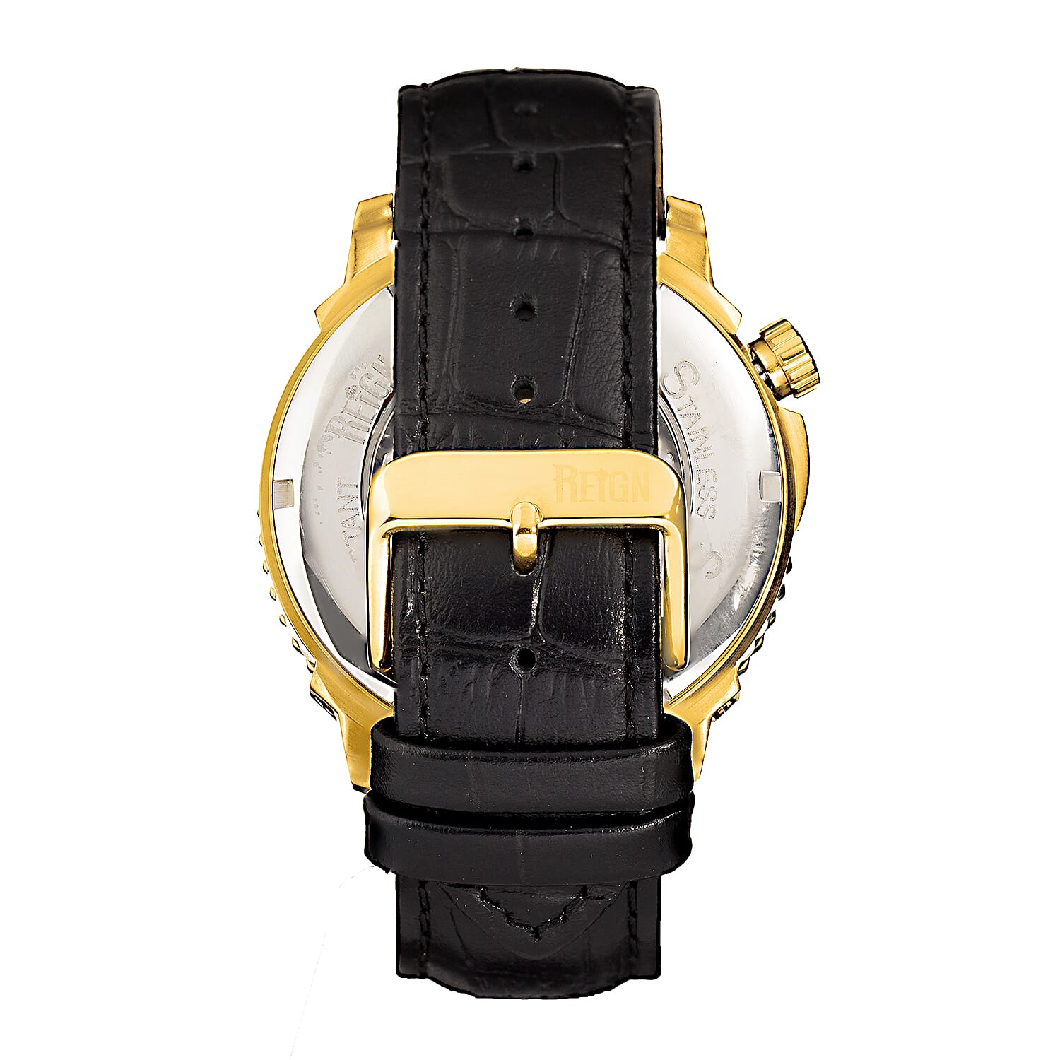Reign Bauer Automatic Semi-Skeleton Black Analog Dial Gold Case 5 ATM WR Mens Watch with Black Genuine Leather Strap