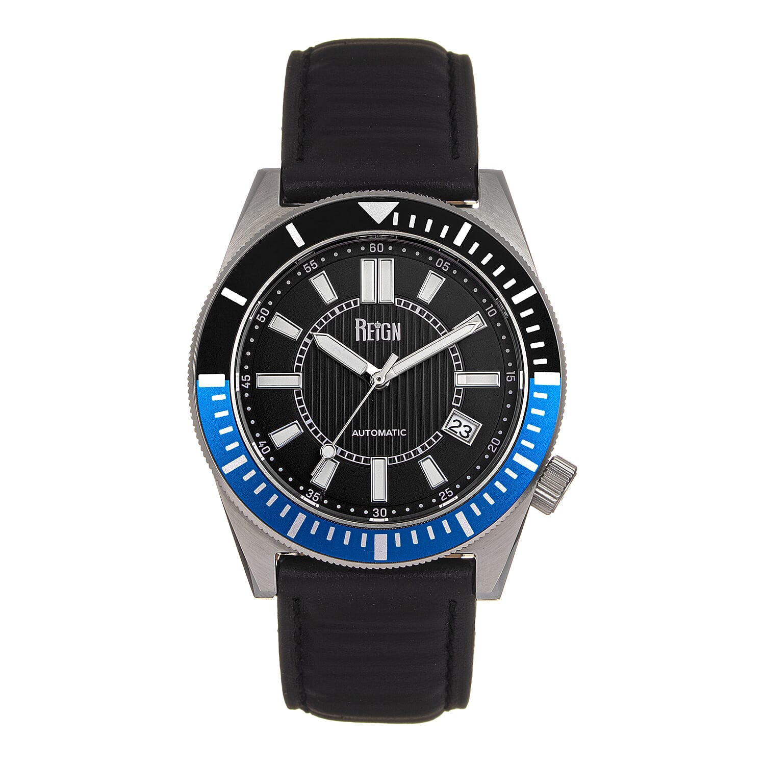 Reign Francis Automatic Black Analog Dial with Blue & Black Rotating Bezel 10 ATM WR Watch With Black Genuine Leather Strap