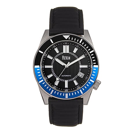 Reign Francis Automatic Black Analog Dial with Blue & Black Rotating Bezel 10 ATM WR Watch With Black Genuine Leather Strap