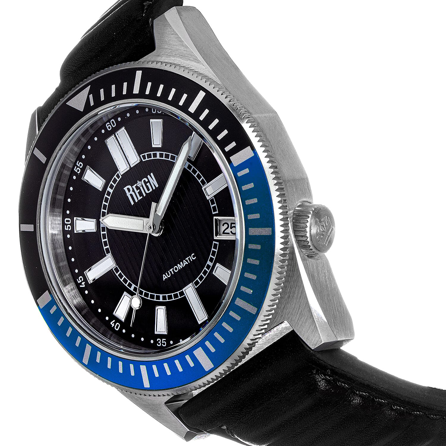 Reign Francis Automatic Black Analog Dial with Blue & Black Rotating Bezel 10 ATM WR Watch With Black Genuine Leather Strap