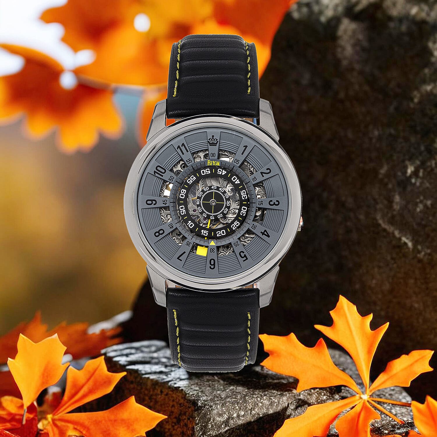 Reign Monterey Skeletonized Leather-Band Watch