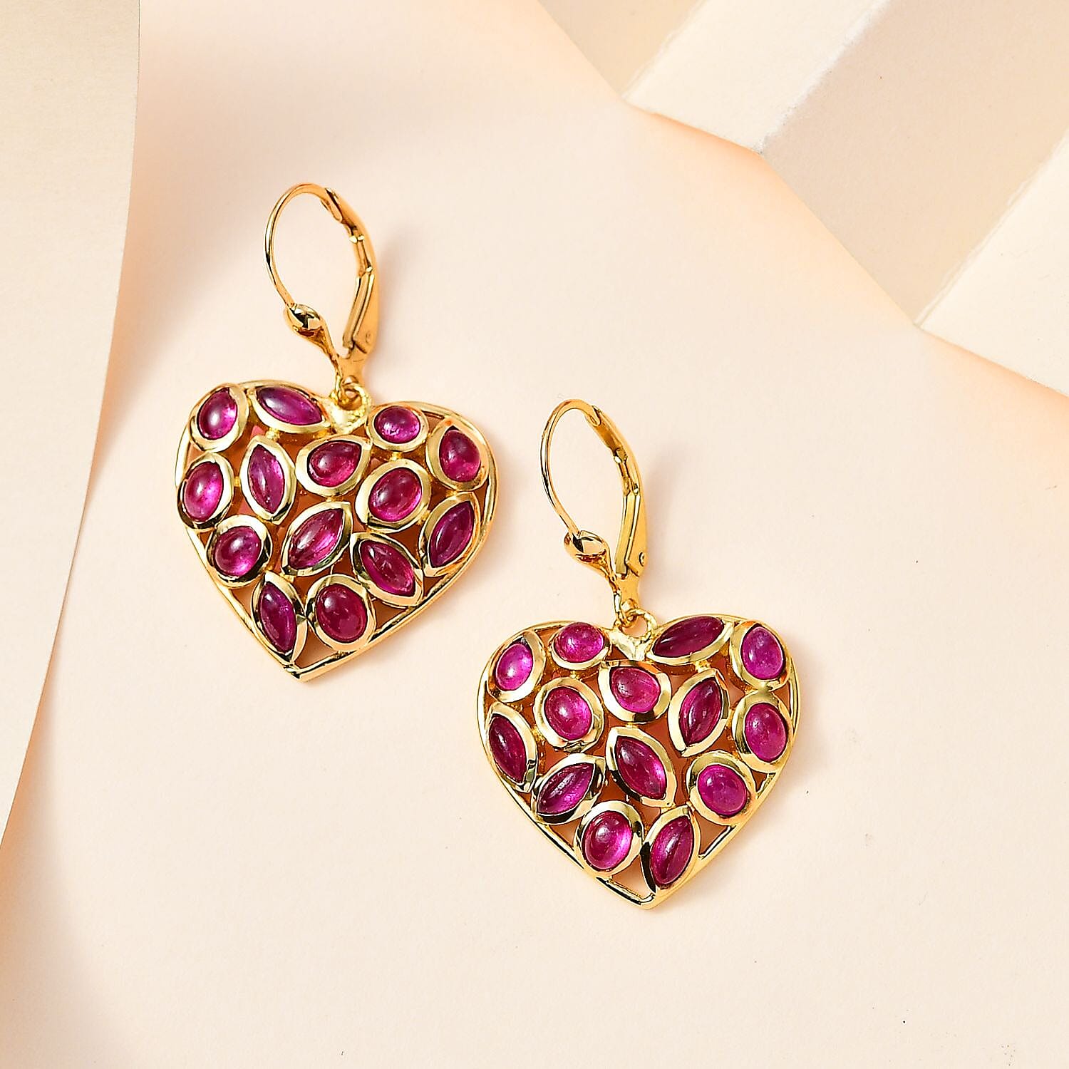 African Ruby Heart Earrings in 18K Vermeil YG Plated Sterling Silver 7.25 Ct.