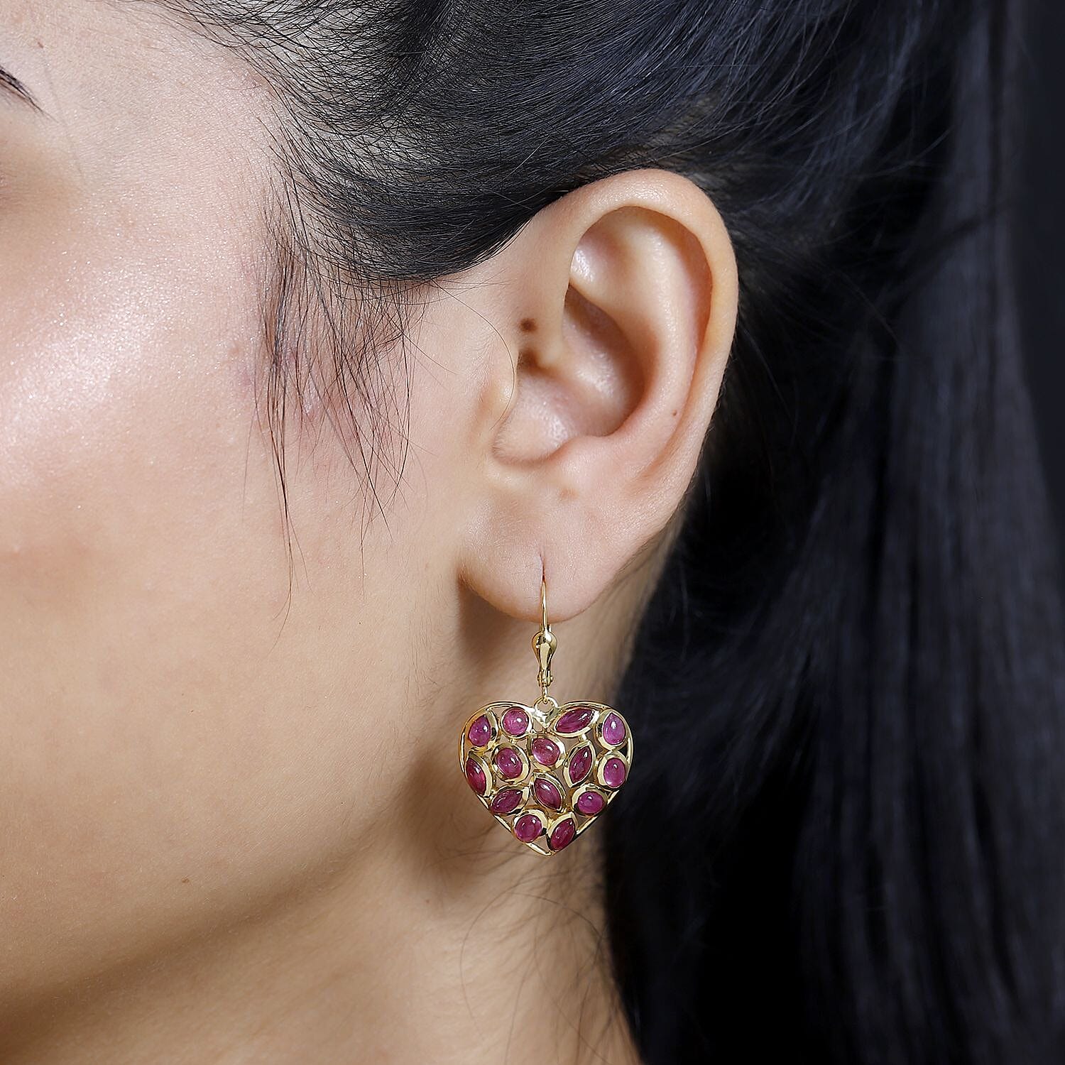 African Ruby Heart Earrings in 18K Vermeil YG Plated Sterling Silver 7.25 Ct.