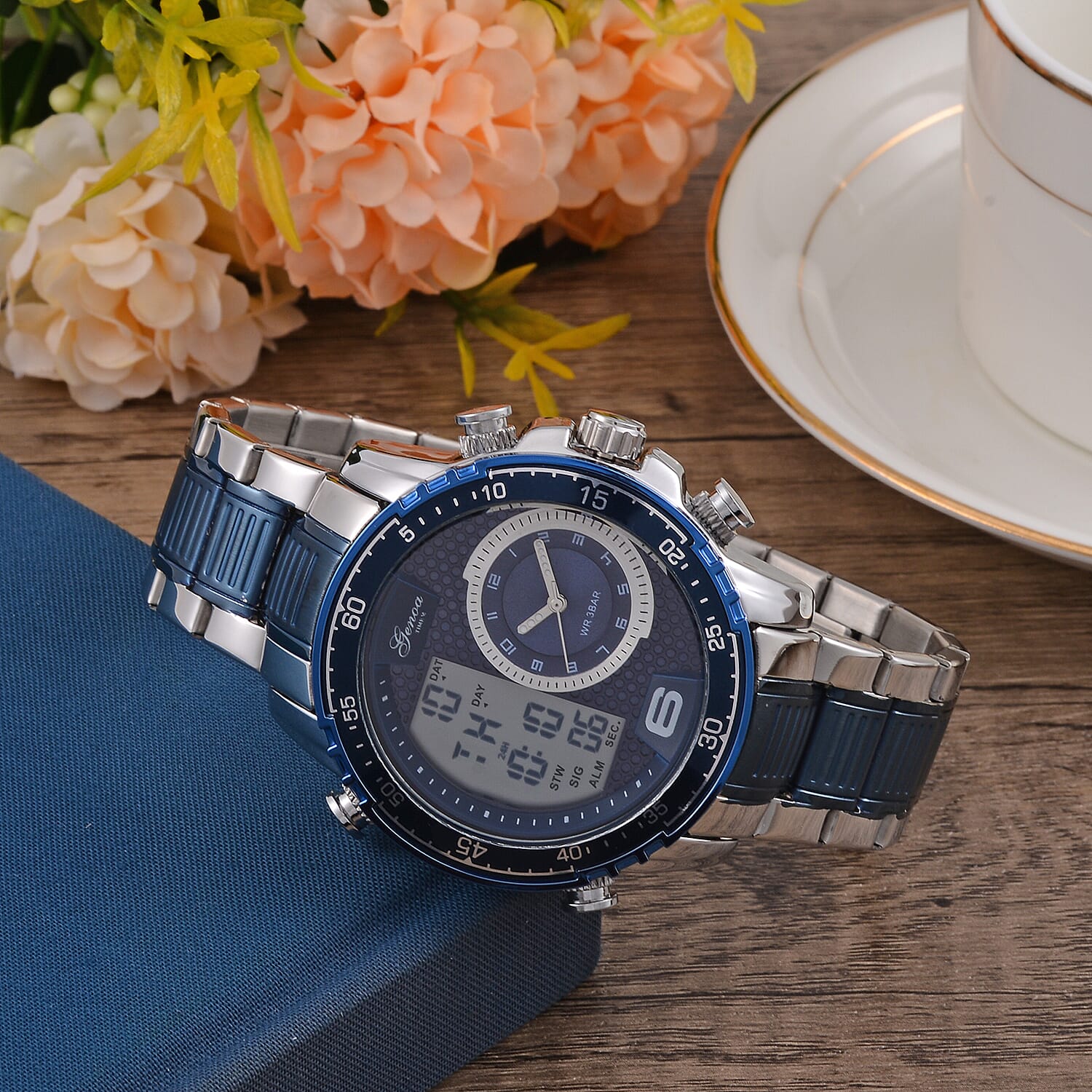  GENOA TIME V2 Japan Movement Multifucntional LED & Blue Literal Dial 3 ATM WR Watch with Stainless Steel Buckle in Dual Tone