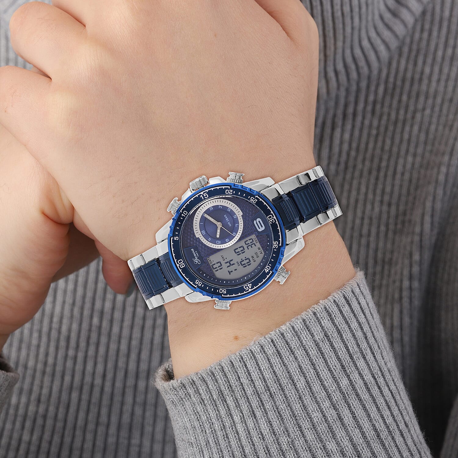  GENOA TIME V2 Japan Movement Multifucntional LED & Blue Literal Dial 3 ATM WR Watch with Stainless Steel Buckle in Dual Tone