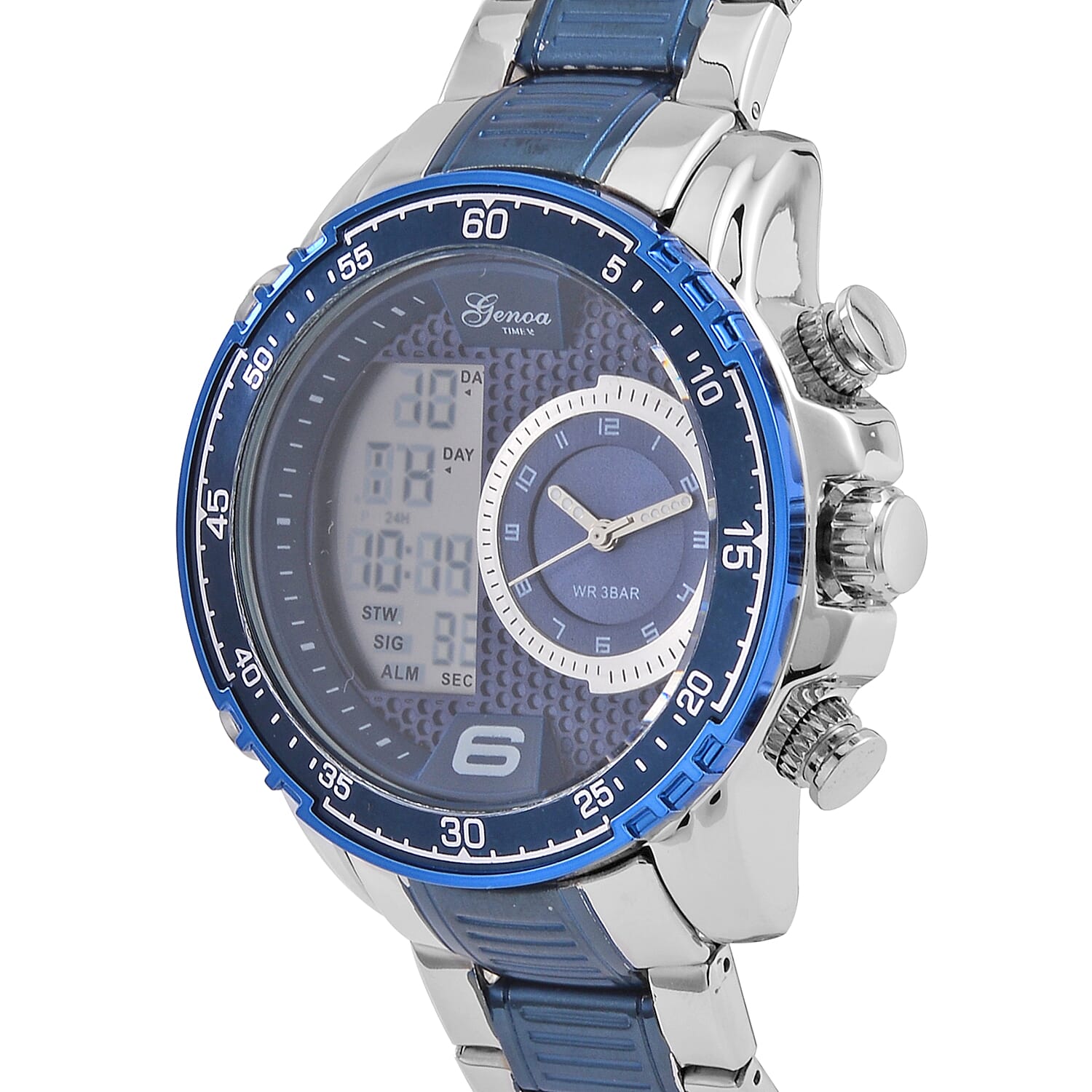  GENOA TIME V2 Japan Movement Multifucntional LED & Blue Literal Dial 3 ATM WR Watch with Stainless Steel Buckle in Dual Tone