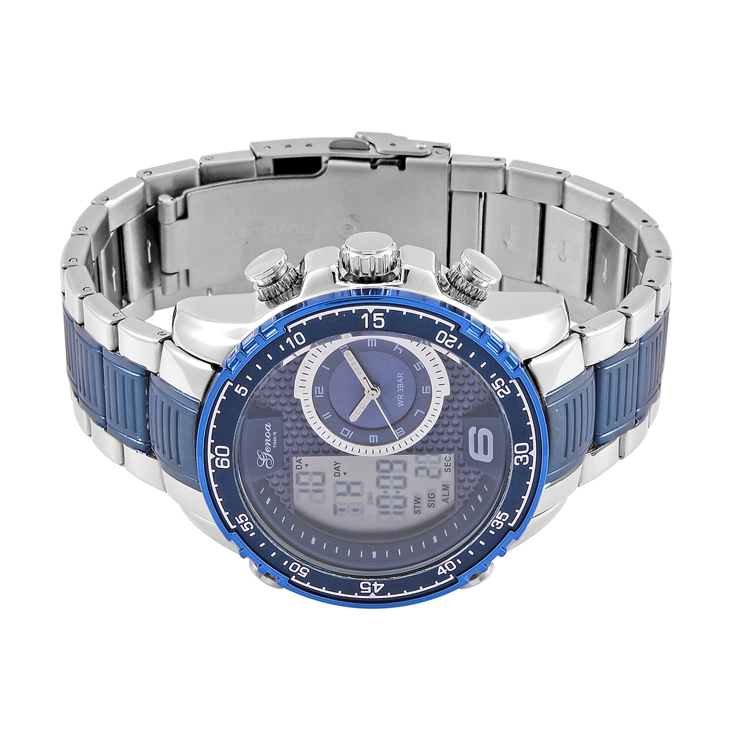  GENOA TIME V2 Japan Movement Multifucntional LED & Blue Literal Dial 3 ATM WR Watch with Stainless Steel Buckle in Dual Tone