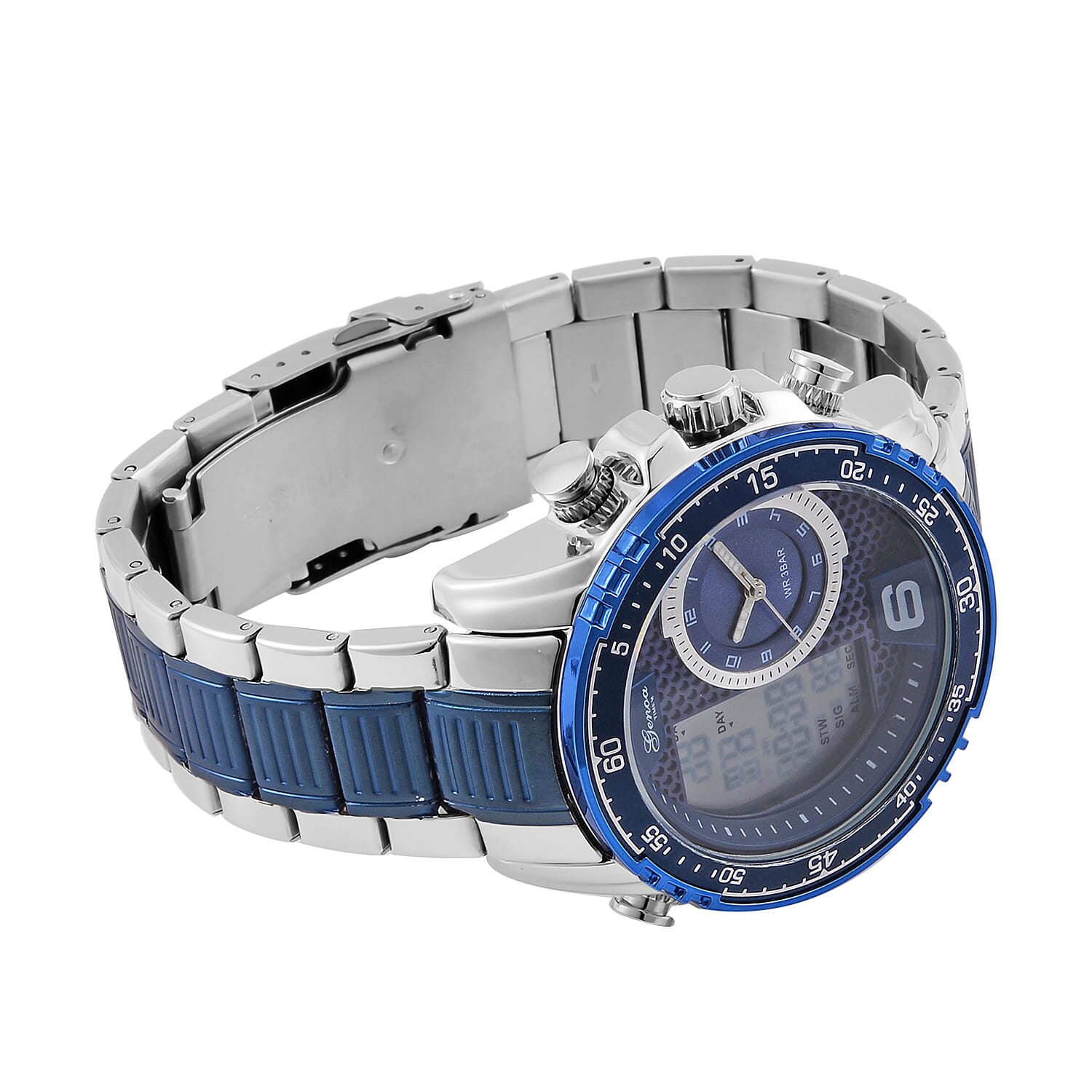  GENOA TIME V2 Japan Movement Multifucntional LED & Blue Literal Dial 3 ATM WR Watch with Stainless Steel Buckle in Dual Tone