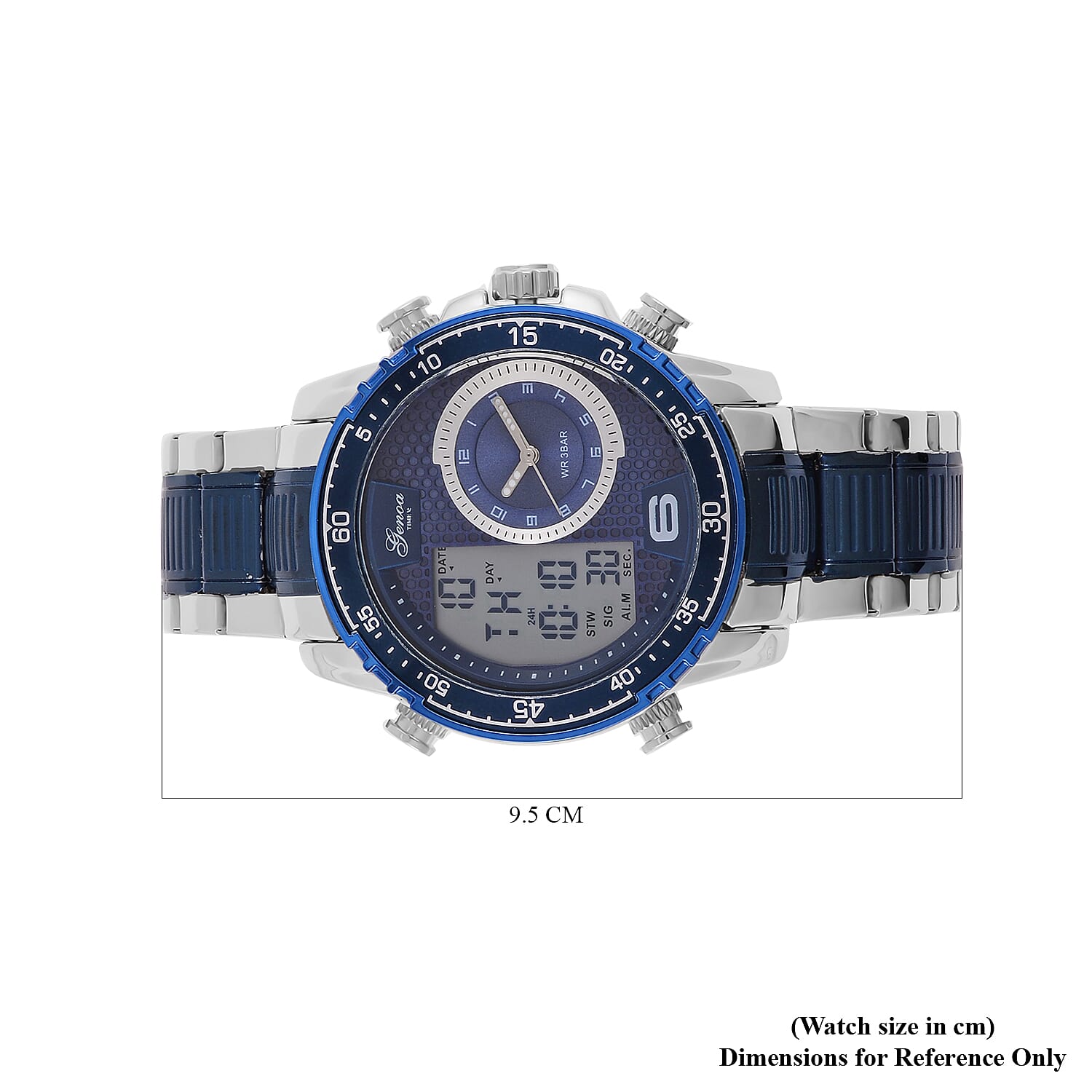  GENOA TIME V2 Japan Movement Multifucntional LED & Blue Literal Dial 3 ATM WR Watch with Stainless Steel Buckle in Dual Tone