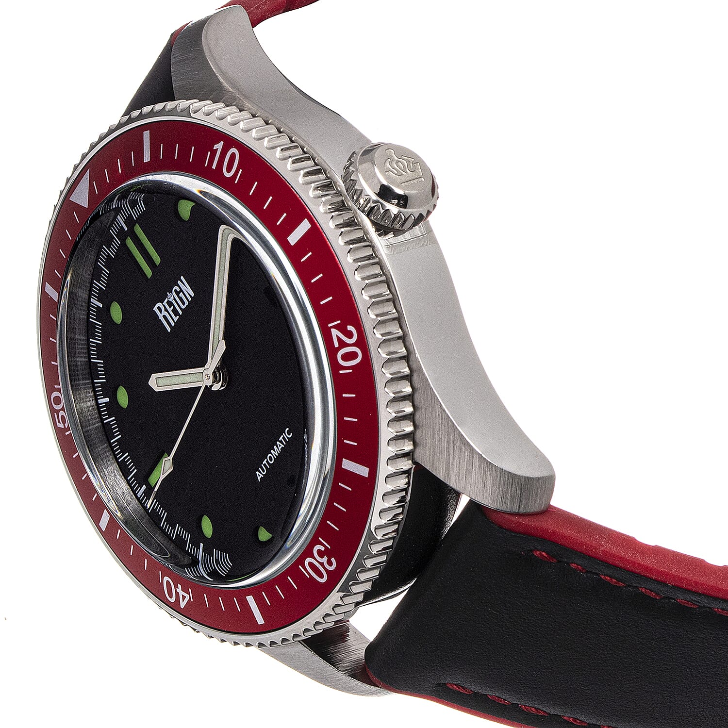 REIGN 10 ATM Water Resistant Red Bezel Elijah Watch in Silver Tone