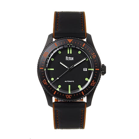 REIGN Automatic Movt. 10ATM WR Balck Dial Watch with Black Leather Strap