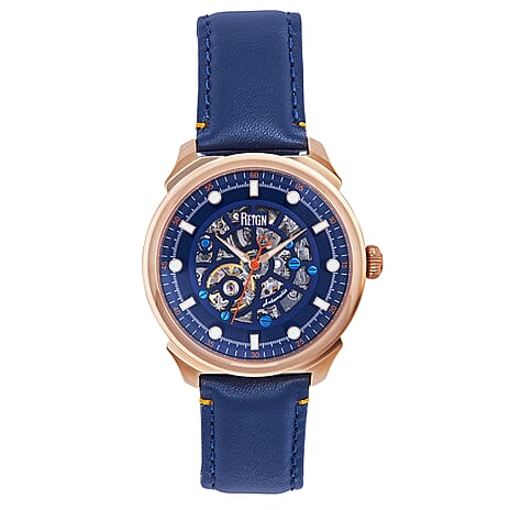 Reign Weston Automatic Skeletonized Analog Dial Rose Gold Crown 10 ATM WR Watch with Genuine Leather Strap - Blue