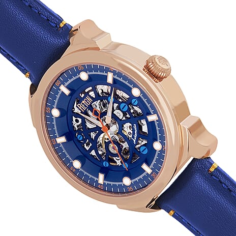 Reign Weston Automatic Skeletonized Analog Dial Rose Gold Crown 10 ATM WR Watch with Genuine Leather Strap - Blue