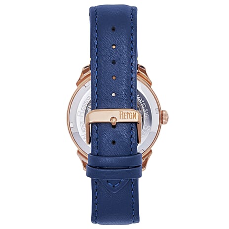 Reign Weston Automatic Skeletonized Analog Dial Rose Gold Crown 10 ATM WR Watch with Genuine Leather Strap - Blue