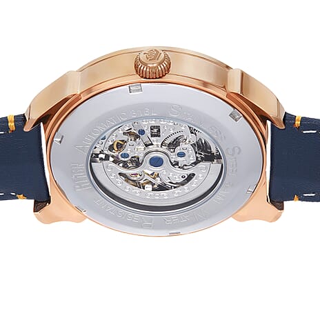 Reign Weston Automatic Skeletonized Analog Dial Rose Gold Crown 10 ATM WR Watch with Genuine Leather Strap - Blue