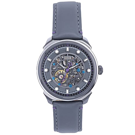 Reign Weston Automatic Skeletonized Analog Dial Gunmetal Crown 10 ATM WR Watch with Genuine Leather Strap - Grey