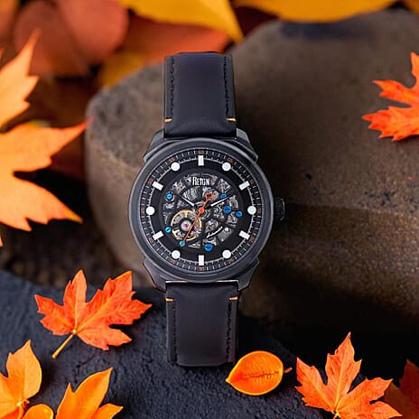 Reign Weston Automatic Skeletonized Black Analog Dial 5 ATM WR Watch with Black Genuine Leather Strap