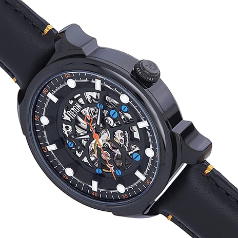 Reign Weston Automatic Skeletonized Black Analog Dial 5 ATM WR Watch with Black Genuine Leather Strap