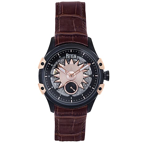 REIGN SOLSTIC Automatic Movt. 5 ATM WR Watch with Dark Brown Genuine Leather Strap