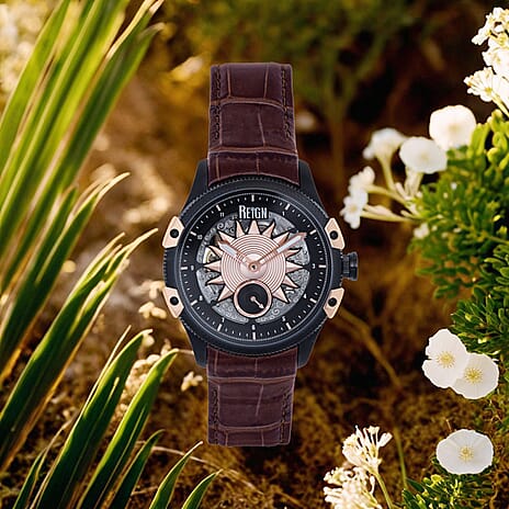 REIGN SOLSTIC Automatic Movt. 5 ATM WR Watch with Dark Brown Genuine Leather Strap