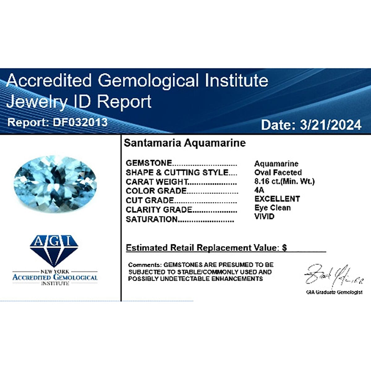 Santamaria Aquamarine Oval Size Varies