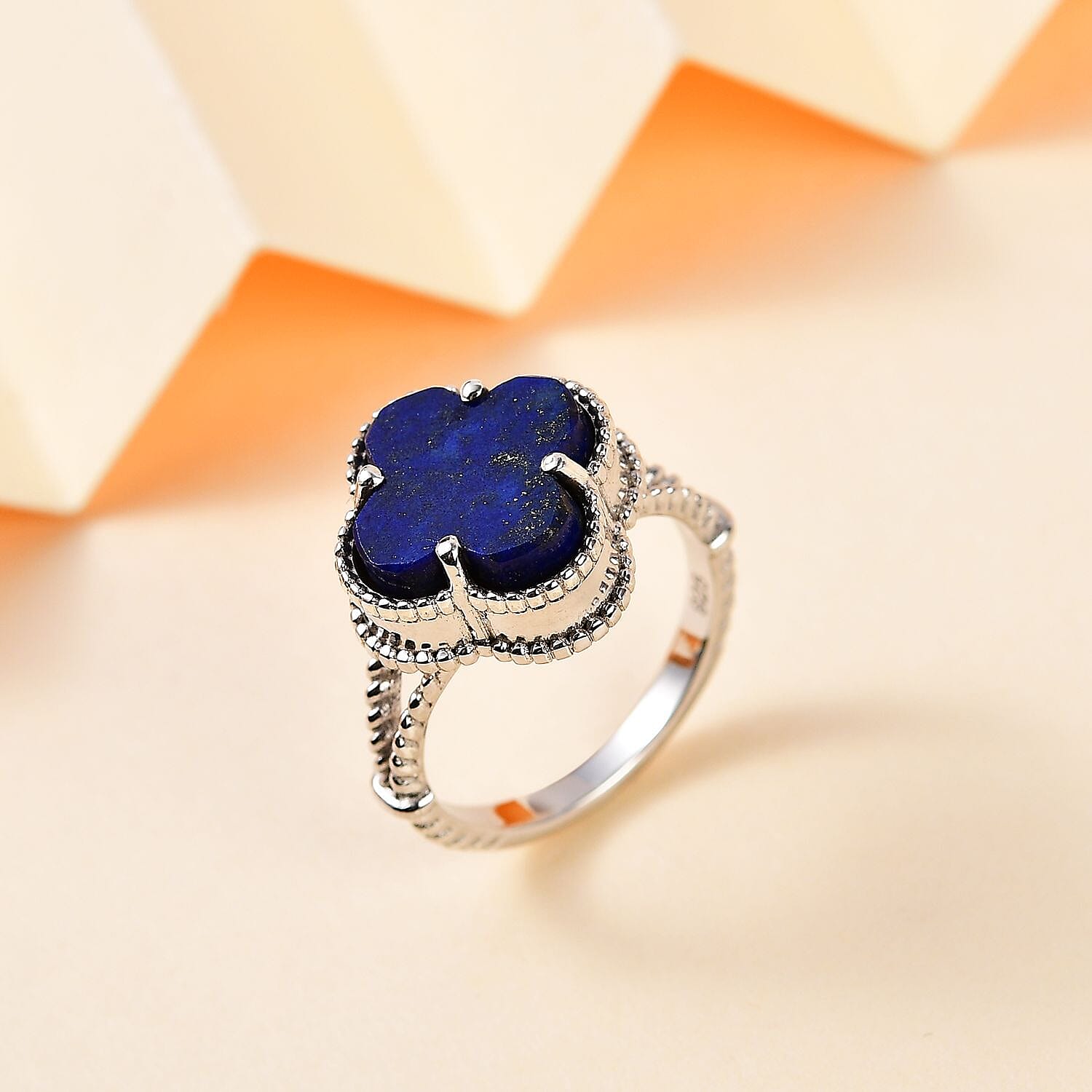 Lapis Lazuli Clover Leaf Ring in Platinum Overlay Sterling Silver 6.18 Ct.