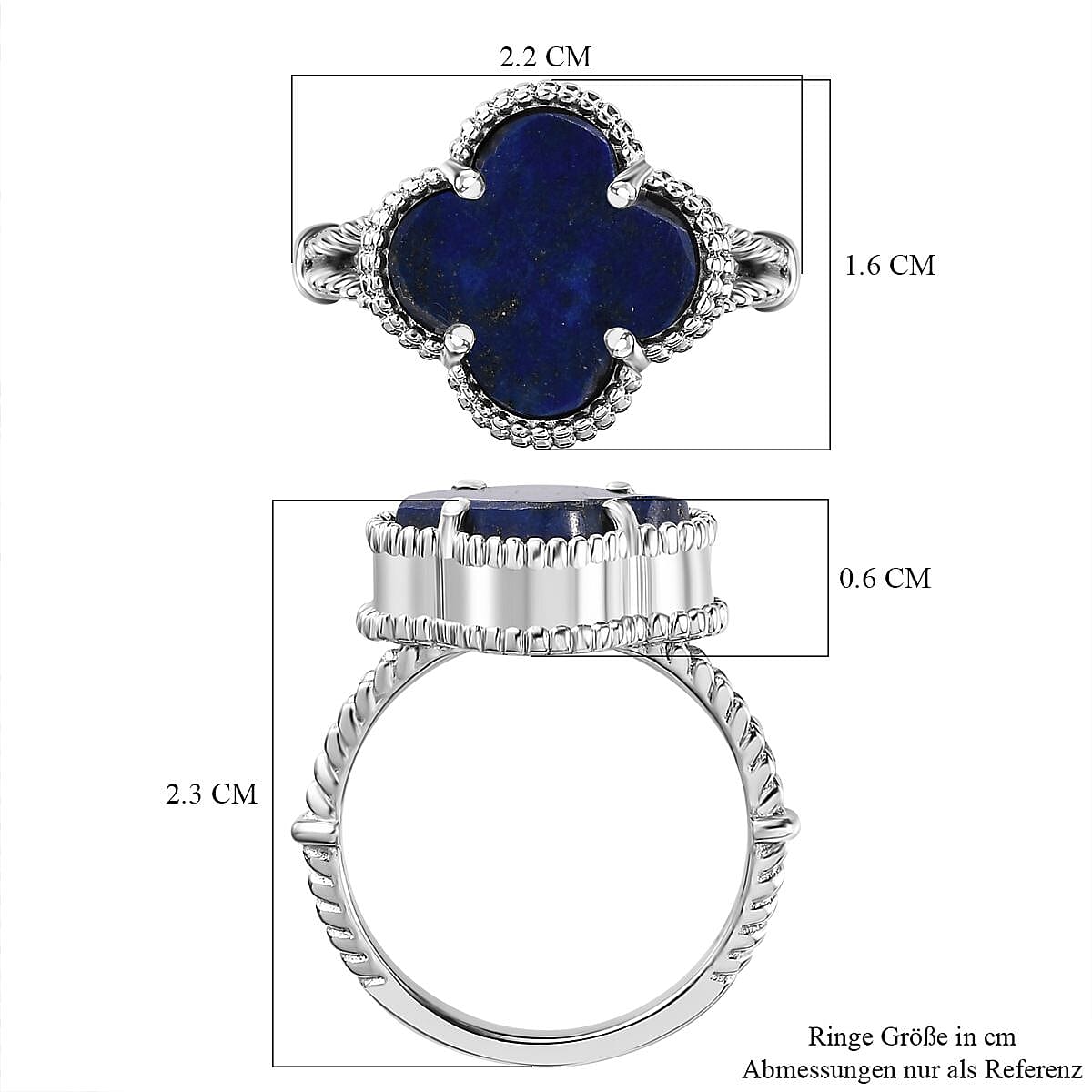 Lapis Lazuli Clover Leaf Ring in Platinum Overlay Sterling Silver 6.18 Ct.