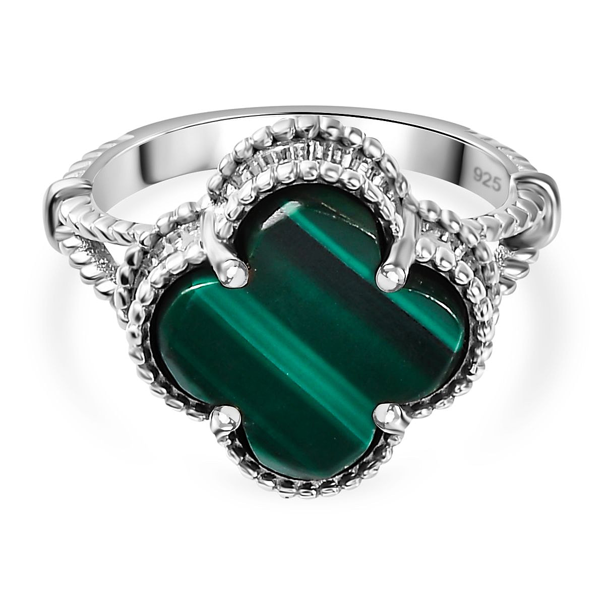 Malachite Clover Leaf Ring in Platinum Overlay Sterling Silver 6.44 Ct.