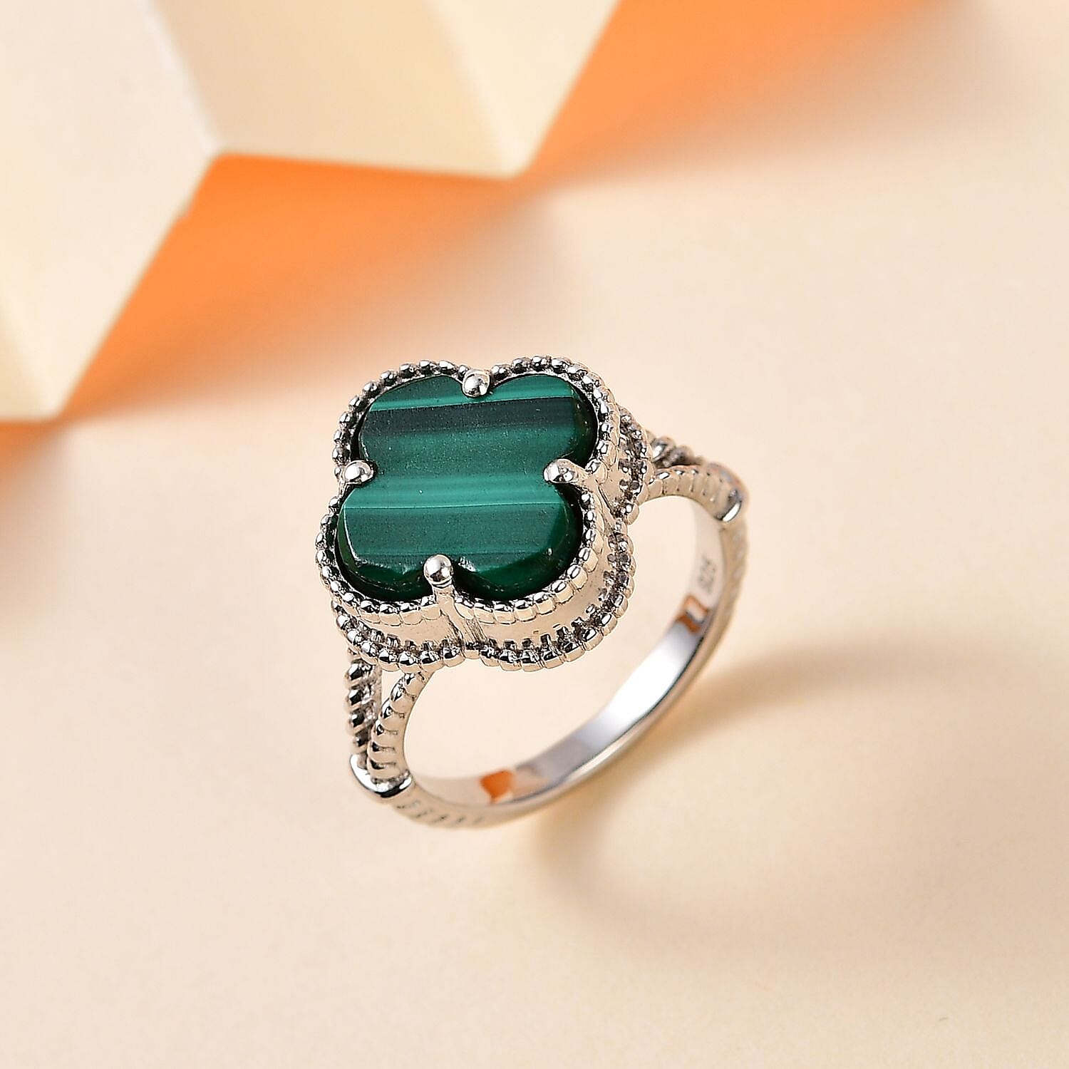 Malachite Clover Leaf Ring in Platinum Overlay Sterling Silver 6.44 Ct.