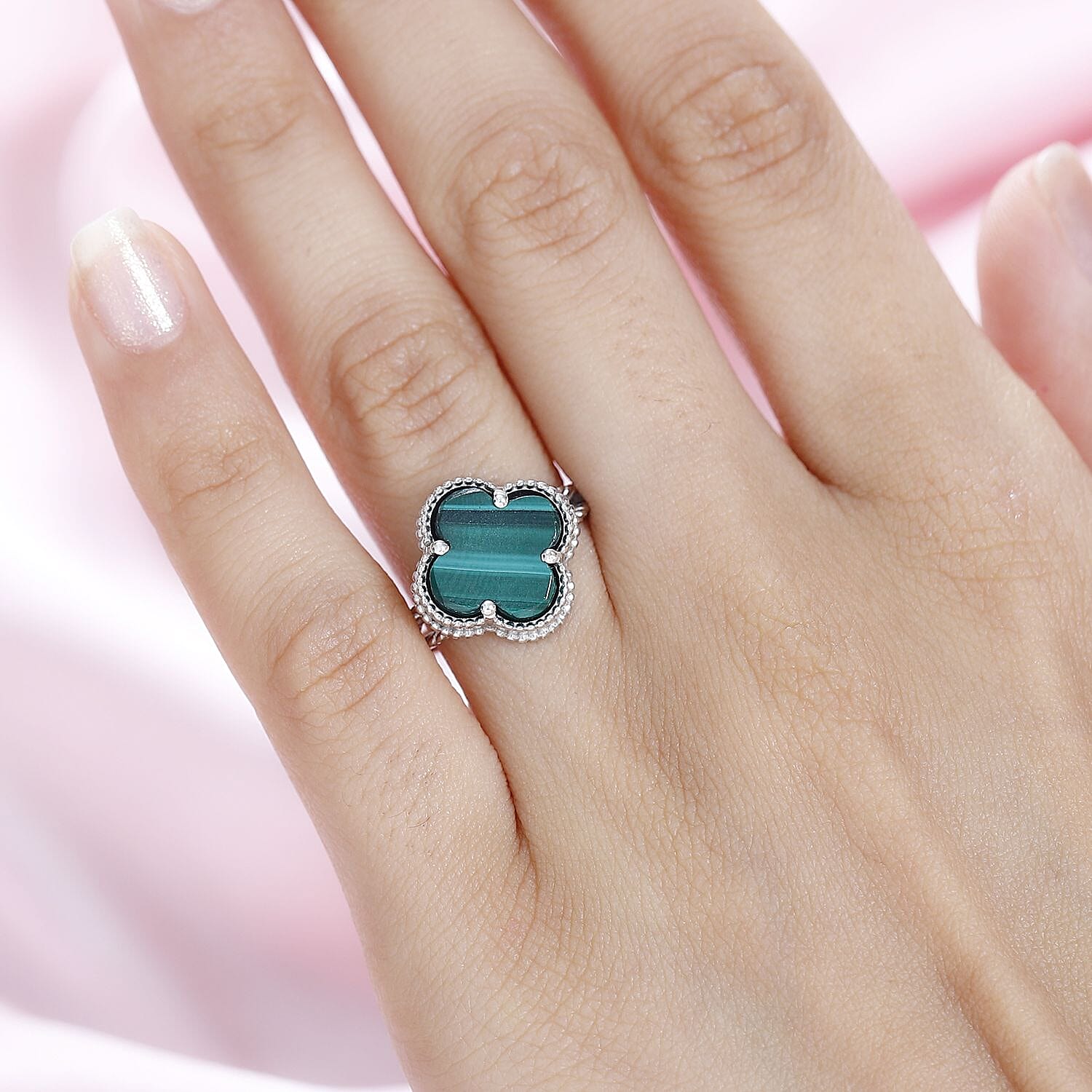 Malachite Clover Leaf Ring in Platinum Overlay Sterling Silver 6.44 Ct.
