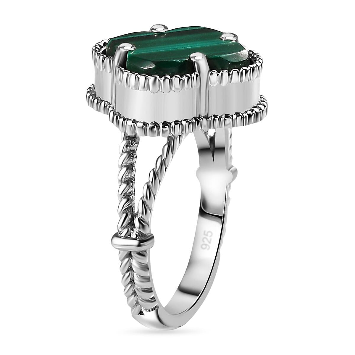 Malachite Clover Leaf Ring in Platinum Overlay Sterling Silver 6.44 Ct.