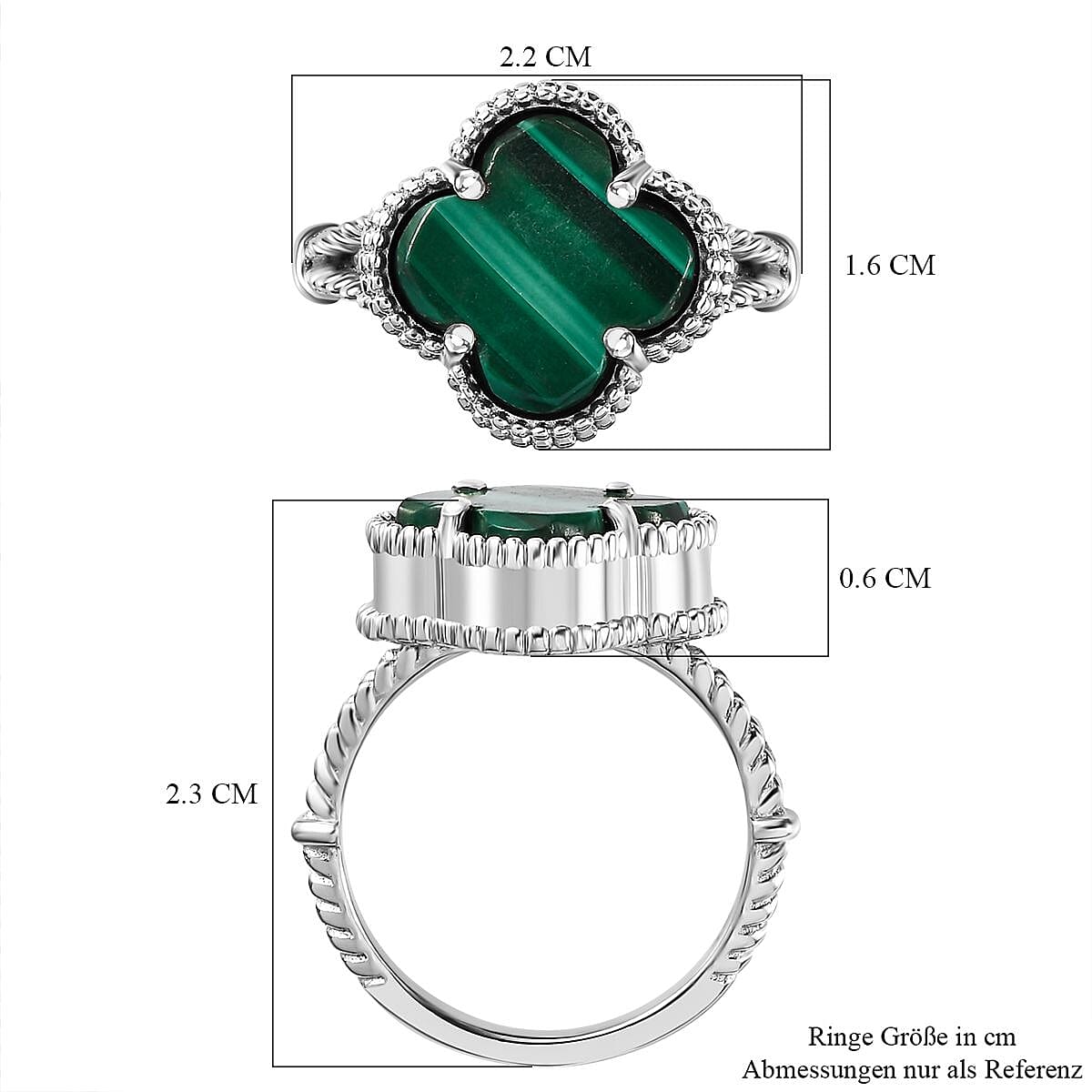 Malachite Clover Leaf Ring in Platinum Overlay Sterling Silver 6.44 Ct.