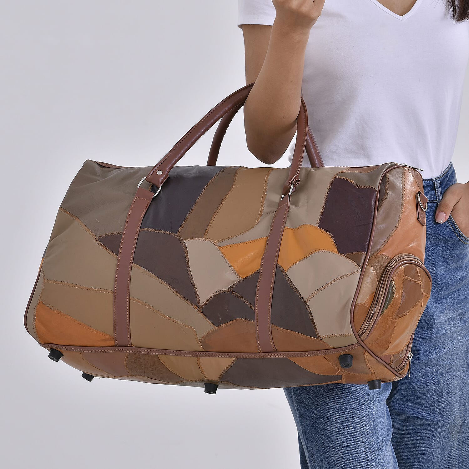 100% Genuine Leather Travel Duffle Bag (Size 51x23x28 cm) - Multi Color & Black